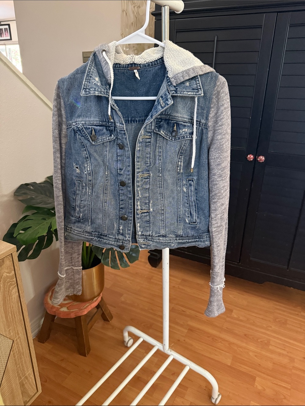 Free People Blue Denim Jacket with Gray Knit Hood & Sleeves